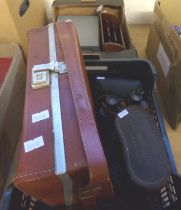 Two boxes of assorted items to include: wooden stationary rack, desk set, binoculars, playing