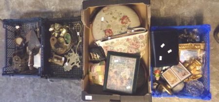 Four boxes of assorted items to include: Victorian footstools, brass trivet stand and other brass