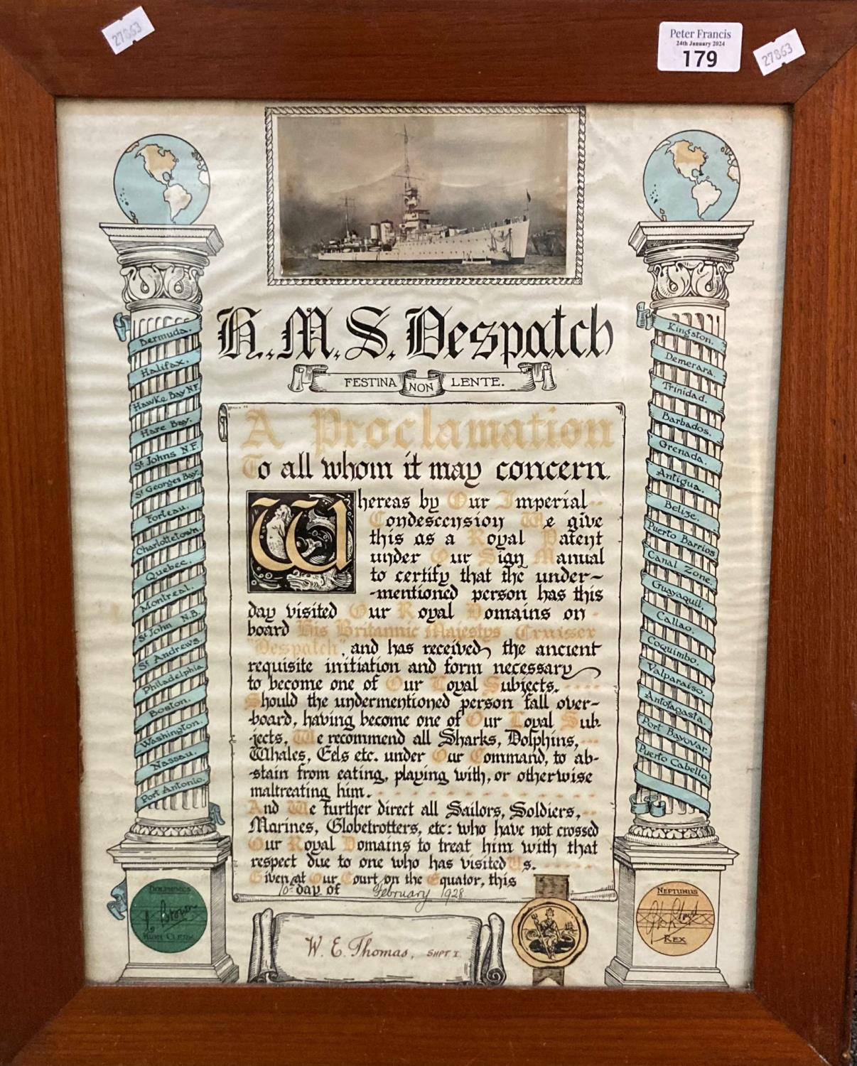 Original proclamation 'To All Whom It May Concern' regarding the British Warship HMS Dispatch.