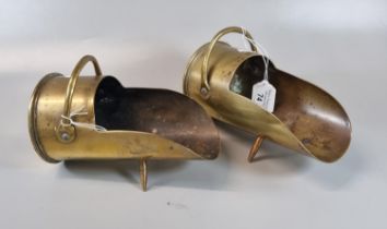 Trench Art - pair of brass shell cases fashioned as sugar hods/miniature coal scuttles with swing