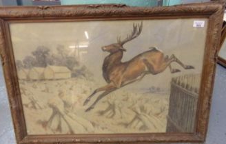 Coloured print, stag leaping a fence into a corn field. 48x72cm approx. Framed and glazed. (B.P. 21%
