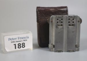 Aluminium duplex cigarette lighter in folding leather case, probably WWII period. (B.P. 21% + VAT)