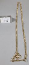 18ct gold curb link Albert pocket watch chain with T bar. 39.3g approx. 56cm long approx. (B.P.