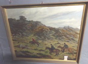 V Roberts (Welsh School 20th century), upland foxhunting scene, possibly the Carmarthenshire,