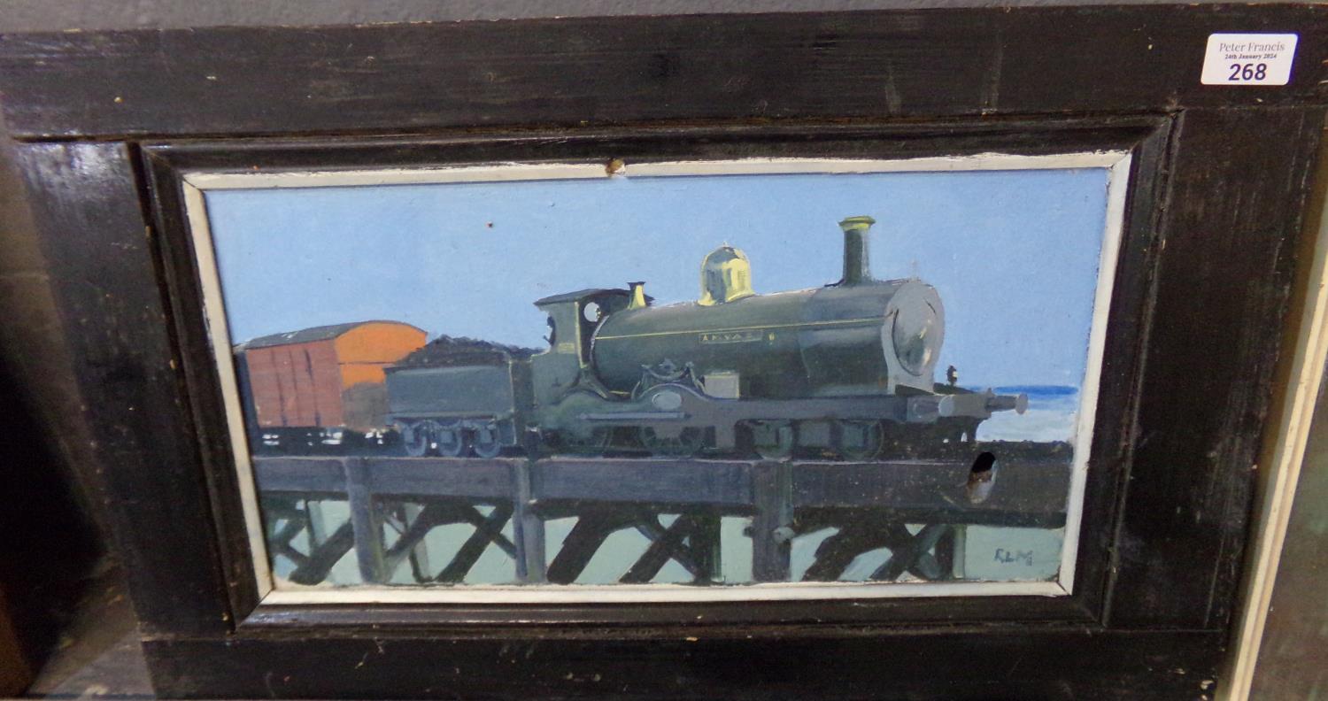 R L M, study of a steam locomotive on trestle type bridge, signed with initials. Oils on board.