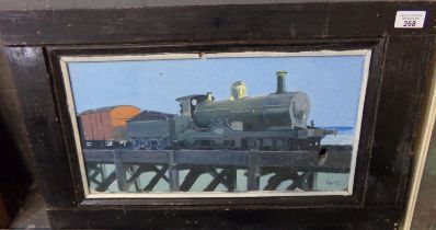 R L M, study of a steam locomotive on trestle type bridge, signed with initials. Oils on board.