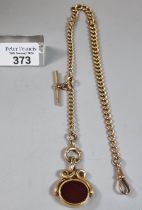 15ct gold curb link Albert pocket watch chain with T bar and blood stone fob. 63.8g approx. Length