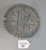Aluminium, probably Italian ,vehicle badge, marked 'R E Co.' in the form of a cog and other items
