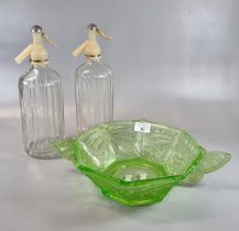 Art Deco green uranium glass bowl with butterfly handles together with a pair of vintage Schweppes