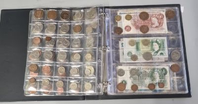 Album of GB, Foreign coinage and bank notes to include: Victorian silver Crown dated 1895, other