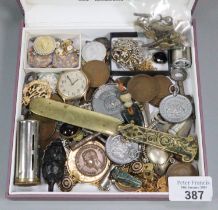 Collection of oddments to include: pocket watch keys, GB coins, brass page turner, coin holders,