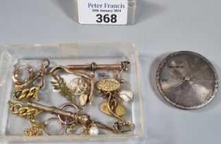 Collection of scrap gold and other items to include: T bar, earrings, plated cufflinks, pocket watch