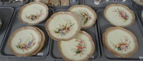 Three trays of Royal Worcester blush ivory part dessert service with scalloped edges, hand painted