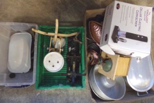 Three boxes of kithenalia to include: scales, weights, fish kettle, modern deluxe electric corkscrew