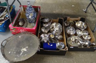 Two boxes of silver plated items: tea ware, two handled tray, bowls, dishes etc. together with a