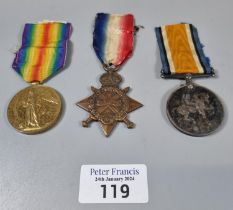 WWI medal Trio to include: 1914-15 Star, 1914-18 War Medal and 1914-1919 Victory Medal awarded to