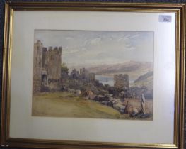Manner of David Cox Junior, Conway with castle and coastline, signed verso dated 28th August'54.
