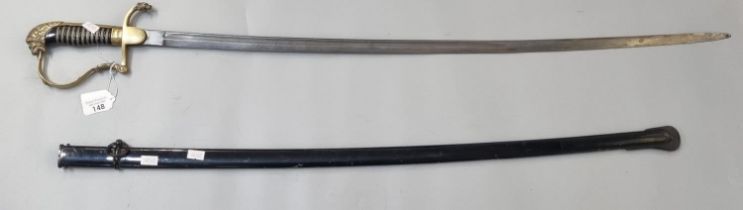 Dutch Naval sword with wire bound grip having lion pommel and single bar hilt, single edged fullered