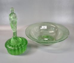 Art Deco design uranium glass figurine and posy vase of 'Lady Satin'. 24cm high approx. Together