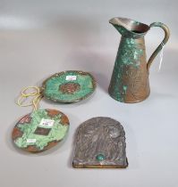 Collection of metalware to include: a copper Art Nouveau ewer, a pewter covered Arts & Crafts book