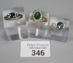 Art Deco design 9ct gold blue and clear stone ring. 2.3g approx. Size P1/2, together with two