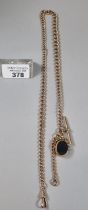 9ct gold curb link Albert pocket watch chain with T bar and blood stone fob. 57.5g approx. 58cm long