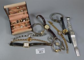 Plastic tub of assorted ladies wristwatches including: cocktail watch, together with some stud