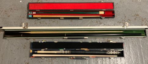 Collection of modern pool cues in fitted cases to include: BCE, The Cue Doctor etc. (7) (B.P.
