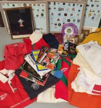 Box of assorted mainly Rugby Union ephemera to include: various rugby jerseys including Welsh