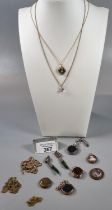 Collection of assorted jewellery to include: blood stone fobs, some 9ct mounted, gold plated chains,