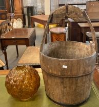 Coopered oak milk maid's bucket with fixed arch handle together with a moulded glass oil lamp shade.