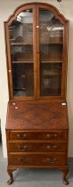 Mid Century walnut bureau bookcase with domed glazed top, fall front, fitted interior, three drawers