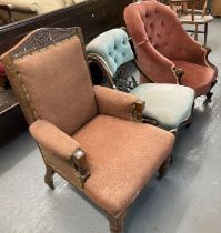Edwardian upholstered fireside chair, a Victorian scrolled nursing chair with pierced and moulded