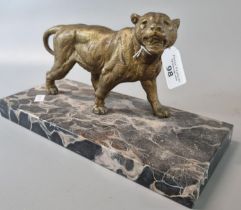 Gilded spelter study of a Lioness on veined marble base. (B.P. 21% + VAT)