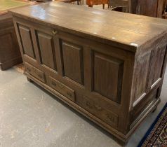 18th century oak coffer with loose top having bar hinges over four raised and fielded panels to