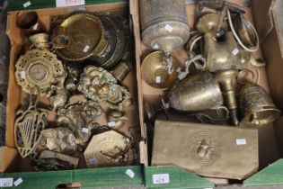 Two boxes of assorted mainly brass ware to include: two handled cup, lion mask door knocker and