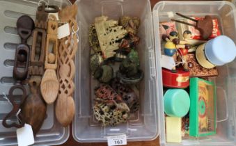 Two boxes of oddments to include: Oriental soap stone carvings, resin and other animal models,