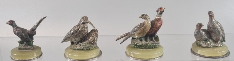Four cold painted bronze menu holders in the form of game birds to include: cock pheasant, brace