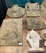 Large collection of reconstituted stone and composition garden ornaments to include: ram's head,