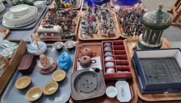 Two trays of Japanese items comprising ceramic bowls with strainers, two ceramic teapots, collection