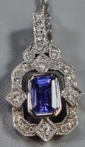 Silver chain with Art Deco style diamond and tanzanite pendant, with Gems TV Promise Certificate. (