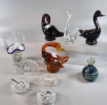 Collection of glass to include Murano style basket, coloured glass birds, Edinburgh mantle clock,