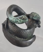Oriental possibly Japanese bronze study of a frog climbing onto a coiled snake. Un-signed. 6.5cm