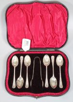Cased set of cased six silver bright cut teaspoons with sugar nips by Henry Atkin Sheffield. 3.15