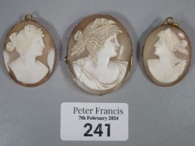 Three 9ct gold cameo portrait brooches. (B.P. 21% + VAT)