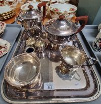 Walker and Hall, a silver plated five piece tea service including tray together with a silver