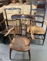 19th century ladder backed elbow chair with rush seat, a late late 19th century stick backed