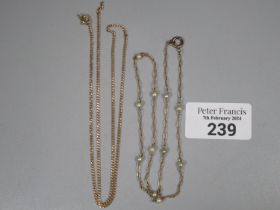 9ct gold fine link chain. 2.7g approx. together with a yellow metal and pearl necklace. (B.P.