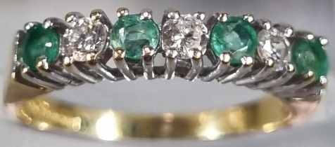 18ct gold diamond and emerald seven stone ring. 2.4g approx. Size K. (B.P. 21% + VAT)