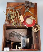 Mahogany microscope box with small collection of specimen slides also containing assorted oddments